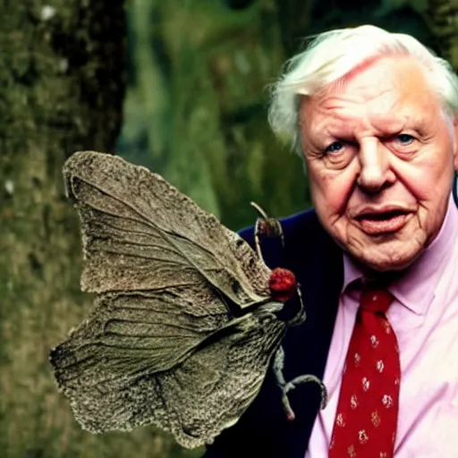 Prompt: Sir David Attenborough holding Mothman