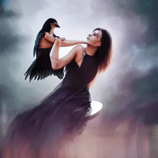 Image similar to morning, raven perching on the shoulder of a woman in a black dress. sun, cinematic, clouds, vogue cover style, contracting colors mood, realistic painting, intricate oil painting, high detail, figurative art, multiple exposure, poster art, 3 d, by simon bisley, ismail inceoglu, wadim kashin, filip hodas.