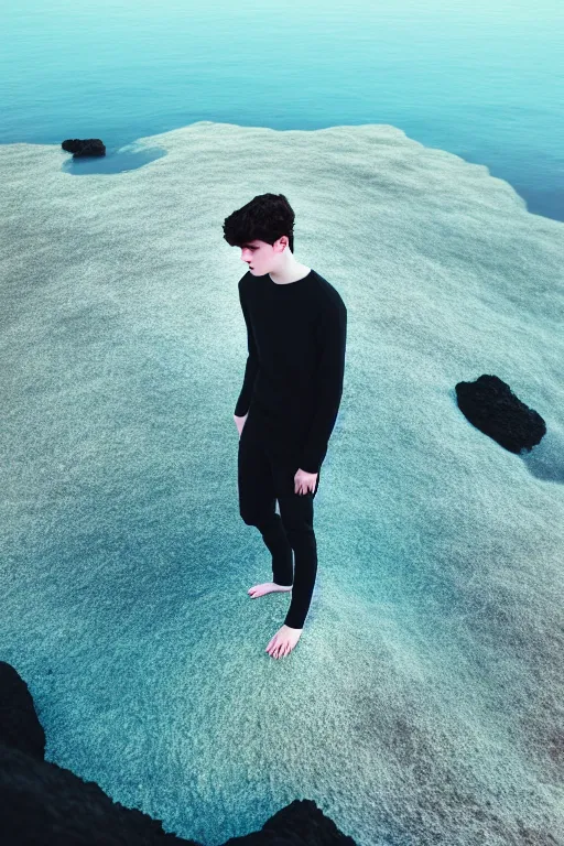 Image similar to high quality pastel coloured film mid angle docu photograph of a beautiful young 2 0 year old male, soft features, short black hair, resting in an icelandic black rock pool environment. atmospheric. three point light. photographic. art directed. ( pastel colours ). volumetric light. clearcoat. waves glitch. 8 k. filmic.