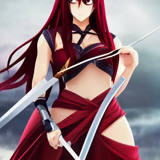 Prompt: dslr, beautiful erza scarlet fighting posing with a katana sword and wearing a skirt, portrait photo, real photo, real camera, extreme detailed face and body, high quality, moody lighting, fast paced lines, sharp quality, enchanting, 8 k