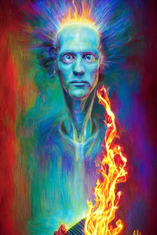 Image similar to scary flame,art by James C. Christensen and Mark Tedin,trending on artstation, luminous lighting high angle view,movie poster,crayon art ,Eraserhead ,iridescent colors,long exposure ,