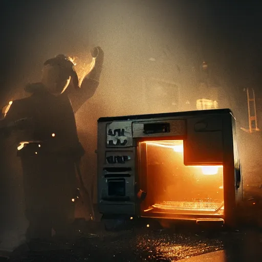 Image similar to cyborg toaster oven repairman, dark messy smoke - filled cluttered workshop, dark, dramatic lighting, orange tint, sparks, cinematic, highly detailed, sci - fi, futuristic, movie still