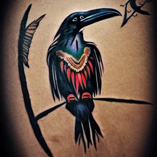 Prompt: raven - shaman with tatoo, prehistoric cave painting