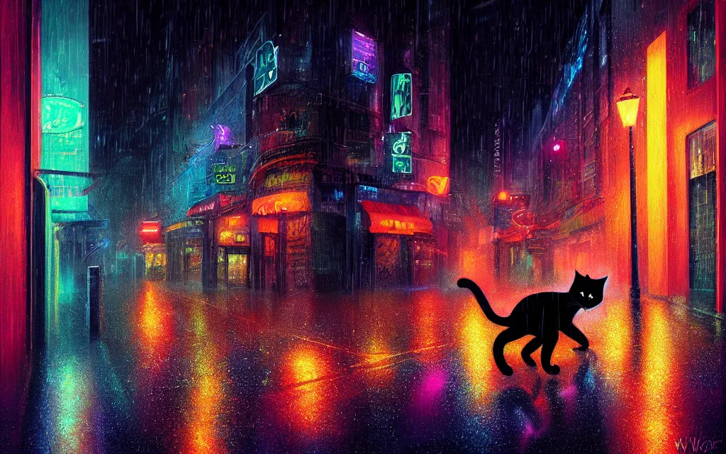 Image similar to black cat running through heavy rain in an emprty neon lit street at night by wlop, ultra detailed color art, high detail, digital art