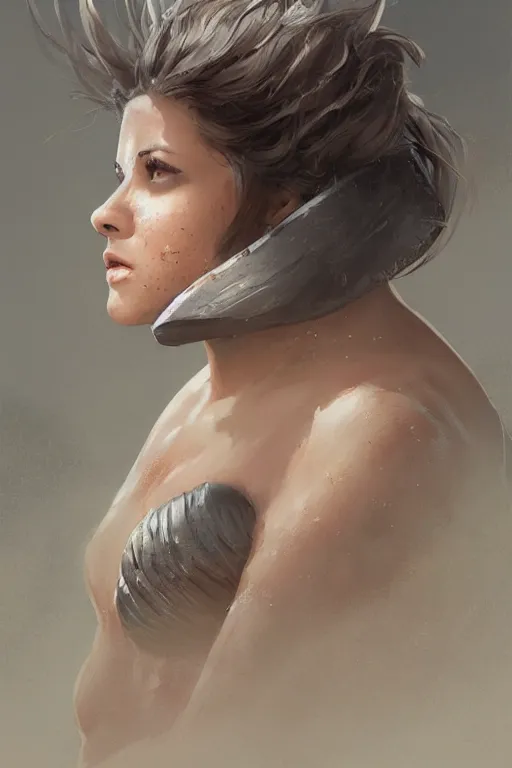 Image similar to portrait of a beautiful chonky young female warrior in the middle of a fight as drawn by eric anthony johnson ericanthonyj artstation artgerm greg rutkowski and magali villeneuve 8 k subsurface scattering, soft light