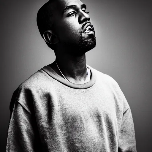 Image similar to the face of young kanye west wearing yeezy clothing at 3 3 years old, black and white portrait by julia cameron, chiaroscuro lighting, shallow depth of field, 8 0 mm, f 1. 8