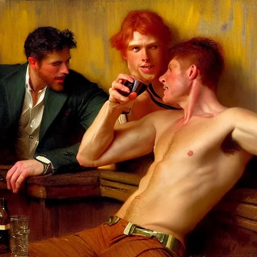 Image similar to handsome mike, wearing pants, with ginger hair with handsome tyler with black hair, drinking their hearts out, in a pub, no shirt. very defined and highly detailed painting by gaston bussiere, j. c. leyendecker, craig mullins 8 k