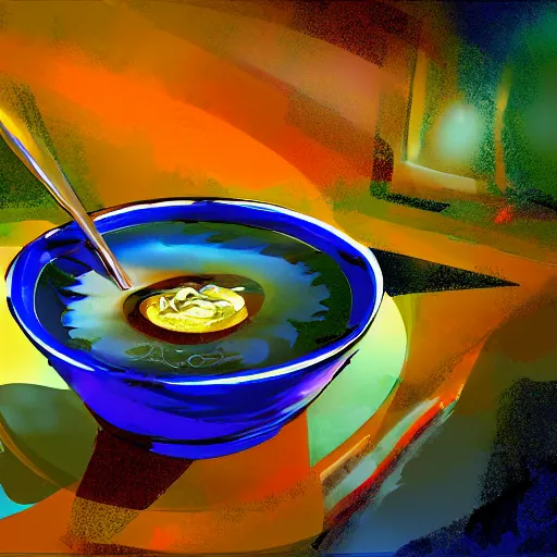 Image similar to a bowl of soup that is portal to another dimension as a digital art. in the style of john berkey.