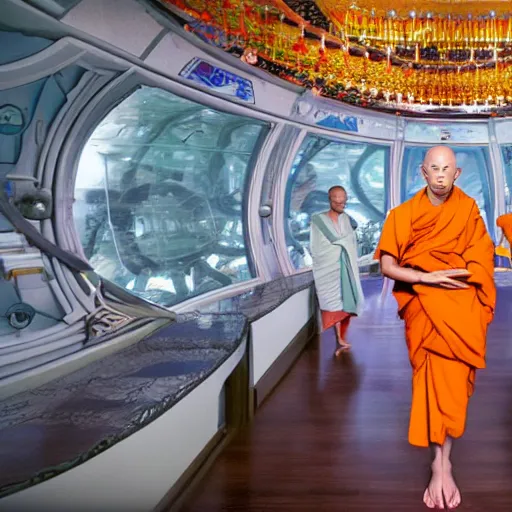 Prompt: Thai Buddhist monks in a sci fi space habitat ringworld.