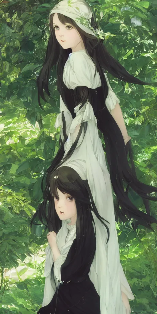 Image similar to a digital art of a loli with long hair in black dress in the privet garden at after noon, green and warm theme, back lighting, by krenz cushart and mucha and akihito yoshida and greg rutkowski and makoto shinkai, extremely long shot, detailed eyes, 4 k resolution, trending on art station