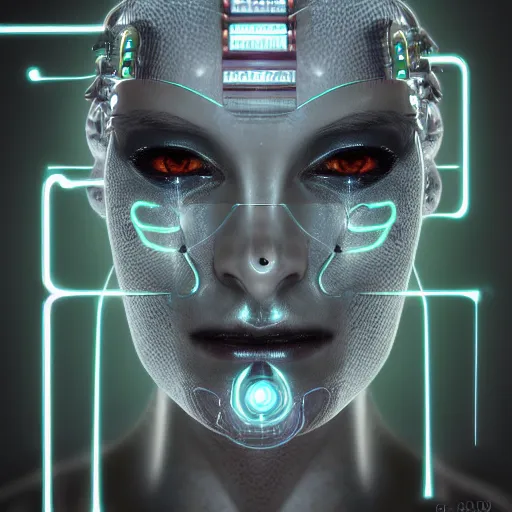 Prompt: portrait photo of a cybernetic cyborg half human face half robot face, fantasy art, sci - fi art, character design, circuitry, high tech, future, photorealistic, 8 k