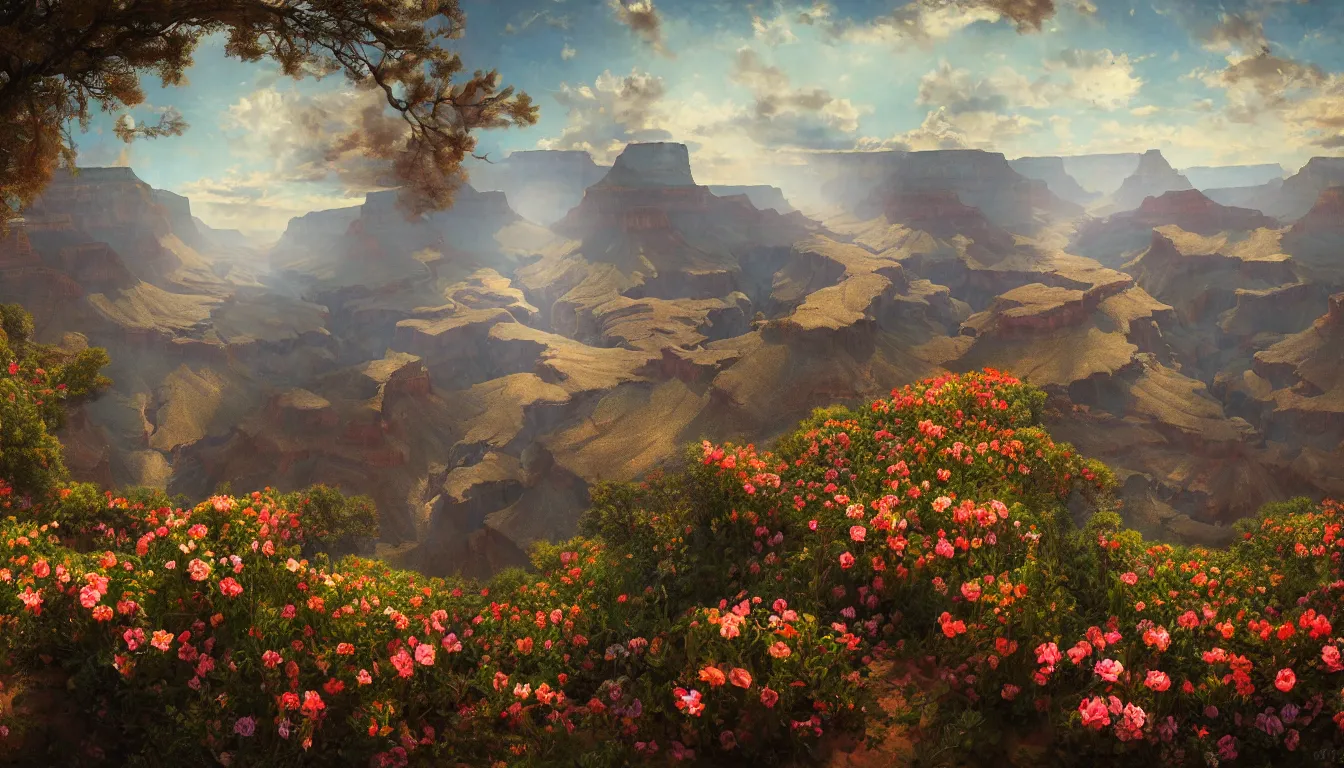 Image similar to An epic fantastic realism comic book style painting of the most beautiful flowers raining from the skies over the Grand Canyon, fisheye lens, painted by the Hudson River school, unreal 5, DAZ, hyperrealistic, octane render, dynamic lighting