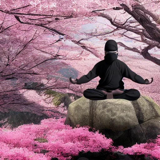 Prompt: a ninja meditating on top of a mountain filled with cherry blossoms, hyper realistic, 4 k, unreal engine 6 rendered,
