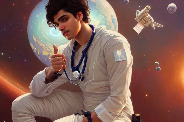 Image similar to Sensuous good looking pale young Indian doctors wearing jeans in a space station above Earth, portrait, elegant, intricate, digital painting, artstation, concept art, smooth, sharp focus, illustration, art by artgerm and greg rutkowski and alphonse mucha