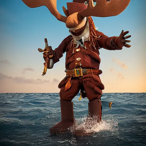 Image similar to anthropomorphic moose pirate humanoid by mike winklemann, pirate ship, sea, fantasy