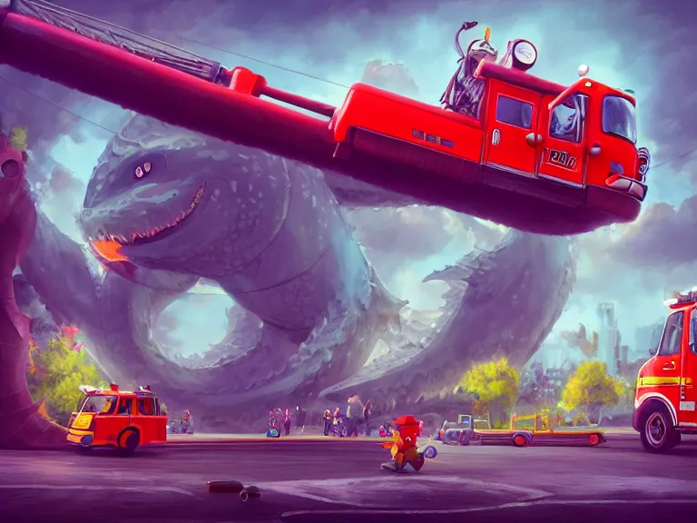 Image similar to adorable anthropomorphic gigantic cerulean furry leviathan monster, playing with a small firetruck, in a park surrounded by a city, rpg reference, oil painting, trending on artstation, octane render, insanely detailed, 8 k, hd