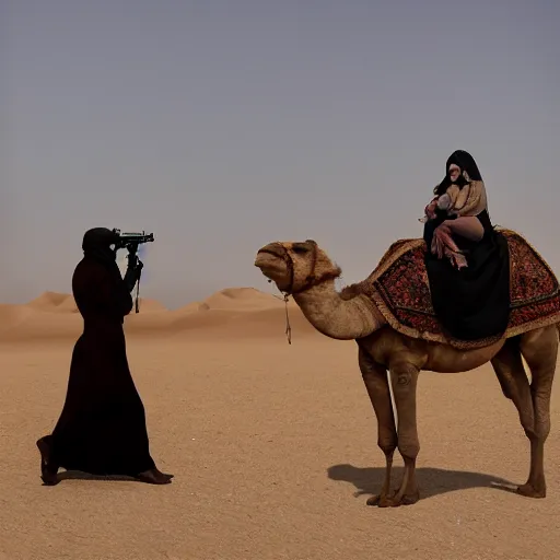 Image similar to anna forsterling and saul bromberger, yulia nevskaya, pulitzer winning, photorealistic, bokeh, fine details, aesthetic / woman wear burqa ride camel and handling gun in shaaran