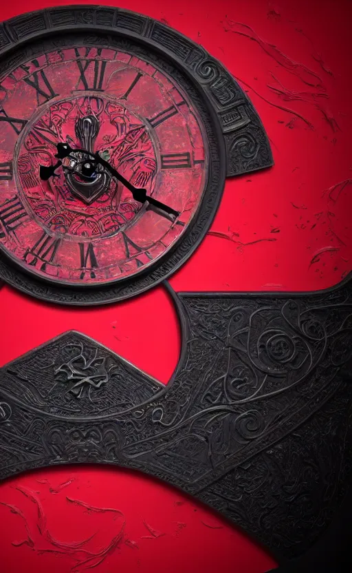 Image similar to a melting Roman numeral clock, behind a red and black gradient background, awith a black heart shaped on the top left corner and a black diamond card shape in the bottom right corner, dynamic lighting, photorealistic fantasy concept art, trending on art station, stunning visuals, cinematic, creative, ultra detailed