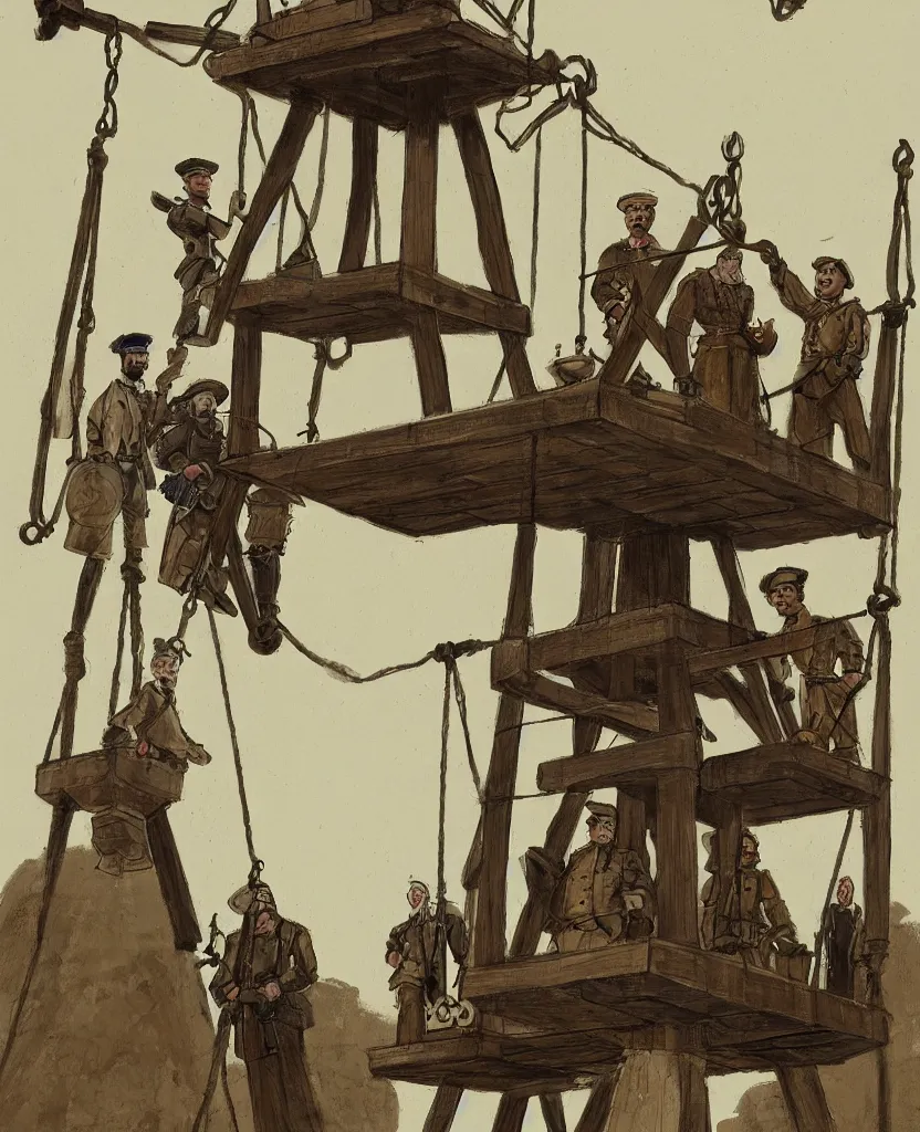 Image similar to 2 soldiers and executor and a convict standing next to a halifax gibbet on a raise platform, villagers looking on from below, concept art,