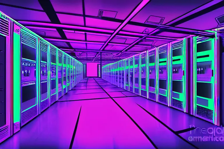 Prompt: realistic robot in a data server room, neon and dark, purple and blue color scheme, by dan mumford and malevich