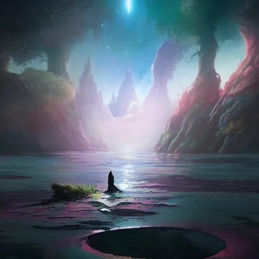 Image similar to Astronauts and some mythical animals are resting to the side of a reflecting lake, this is a surface of a planet with wacky wildlife, some planets and nebulas are as background, by Jordan Grimmer digital art, trending on Artstation,