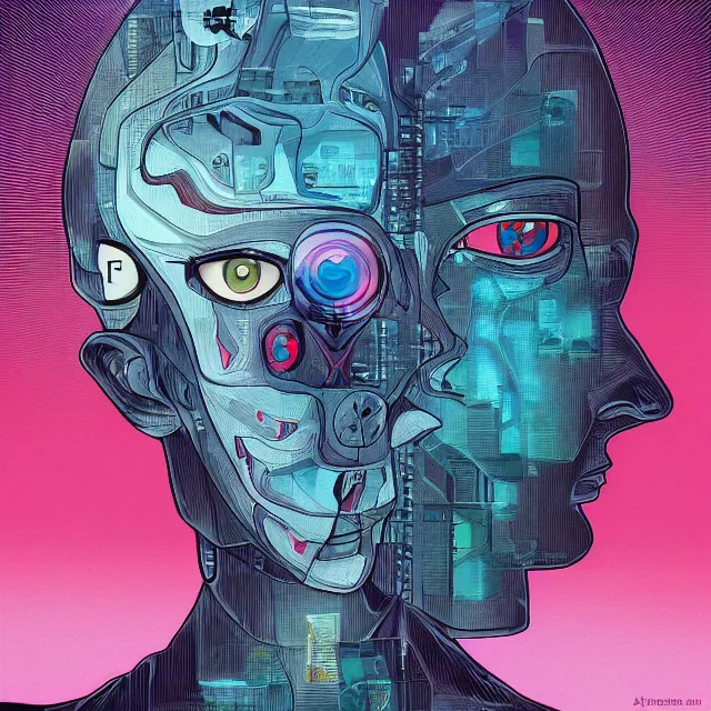 Prompt: a malevolent digital intelligence, portrait of ai, digital human brain, red eyes, hi tech, futurism, rhads!!!, ( art fitzpatrick ), ( asaf hanuka ), ( ( barclay shaw ) ), ominous, digital science fiction realism, urban fantasy, saturday morning cartoon, clean linework, western animation