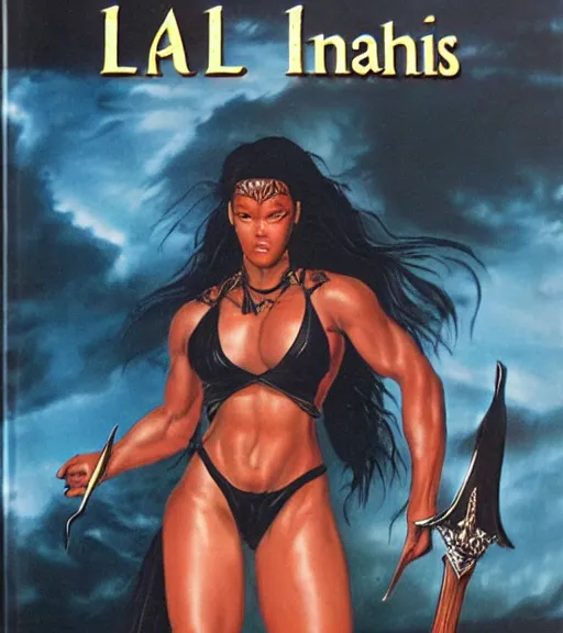 Prompt: 1 9 8 0 s fantasy novel book cover, amazonian la'tecia thomas in extremely tight bikini armor wielding a cartoonishly large sword, exaggerated body features, dark and smoky background, low quality print