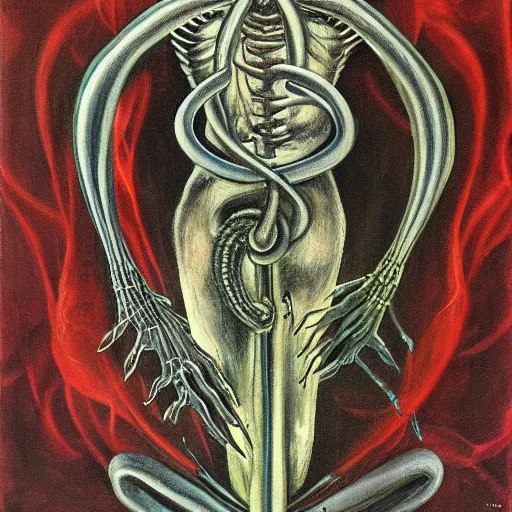 Prompt: a painting of the caduceus by h. r. giger