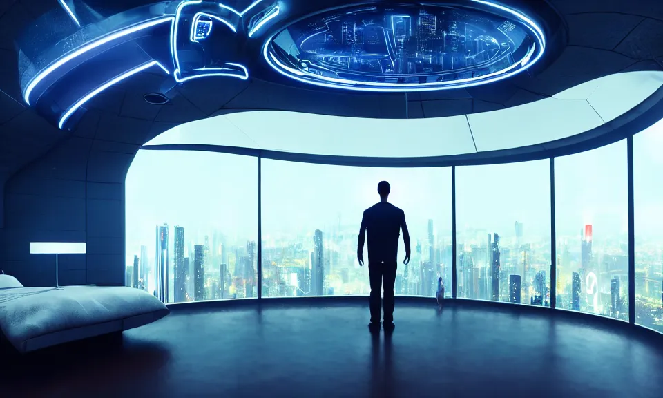 Prompt: a futuristic bedroom with large curved ceiling high windows looking out to a far future cyberpunk cityscape, a man standing at the window, flying futuristic drones outside, cyberpunk neon lights, raining, scifi