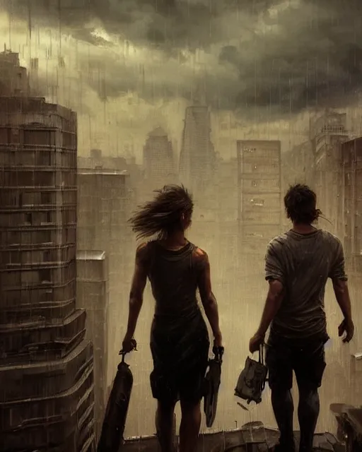 Image similar to epic portrait cinematic shot two survivors standing on a rooftop, apocalyptic city backround, cloudy, stormy, rainy, wet, fine details. night setting. realistic shaded lighting poster by craig mullism, artgerm, jeremy lipkin and michael garmash, unreal engine, radiant light, detailed and intricate environment, digital art, trending on art station,