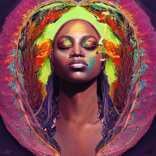 Image similar to A black woman having a reality bending psychedelic experience, colorful, distorted, surreal, tropical leaves and feathers, dramatic lighting on the face, intricate, elegant, highly detailed, digital painting, concept art, smooth, sharp focus, illustration, art by Krenz Cushart and Wayne Barlowe and alphonse mucha