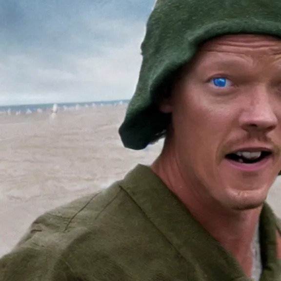 Image similar to photo realistic image of Matthew Lillard as shaggy from scooby doo, storming the beaches of Normandy in 1944, HD, high detail, photorealistic, Hollywood cinematic, Christopher Nolan