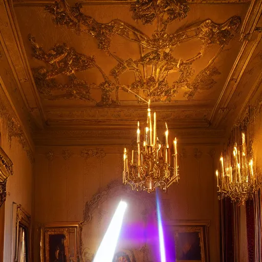 Prompt: single portrait of the queen in the main room of the castle, one point of light coming through the top. baroque style, lights refraction