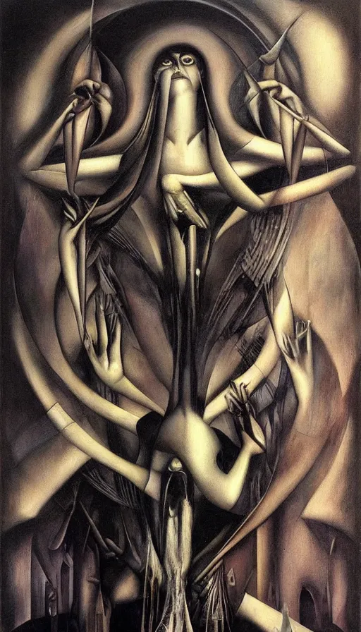 Image similar to illusion of Good and Evil merge in one ,artdeco,H.R. Giger and Tamara de Lempicka and Beksinski style