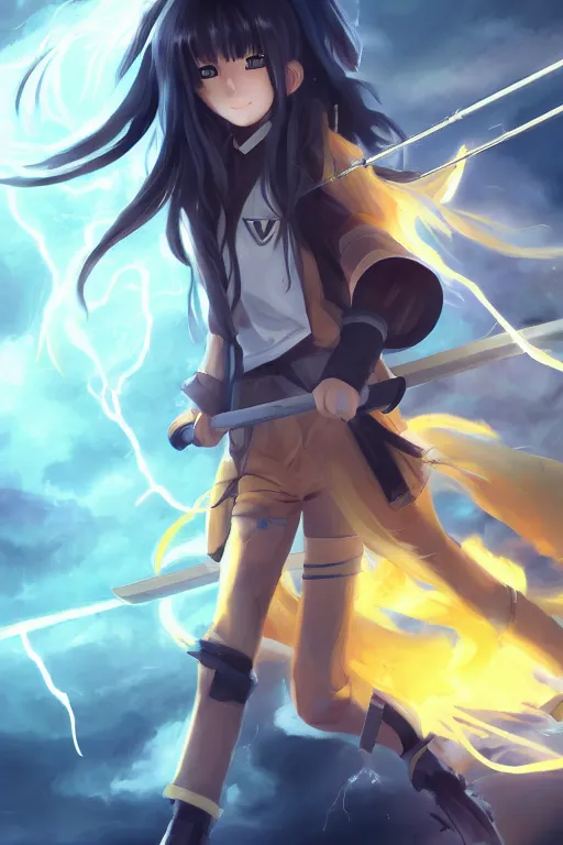 Image similar to anime teen girl with long yellow ponytail wearing white long jacket while holding a lightning scythe with her hands, wlop, concept art, digital painting, trending on artstation, highly detailed, epic composition, 8 k uhd