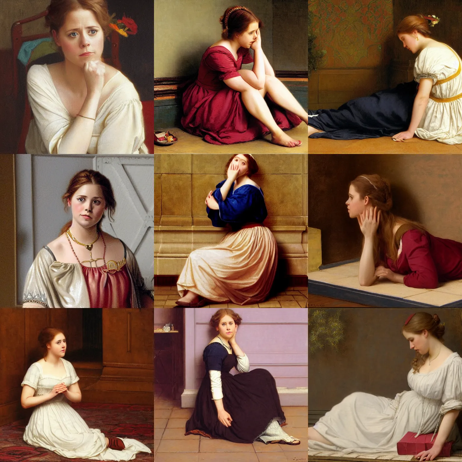 Prompt: Jenna Fischer sitting on the floor, sad, by Edmund Blair Leighton