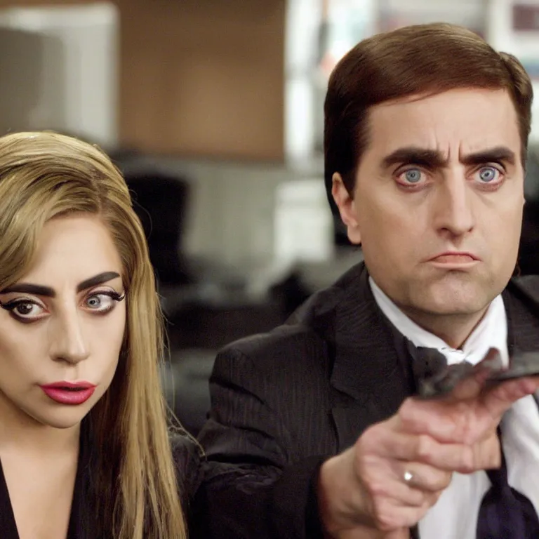 Image similar to confused lady gaga looking at the camera, from the office ( 2 0 0 5 ), detailed background, in the middle of dwight schrute and michael scott. uhd, low light, cinematic, realistic, clear face, clear eyes.