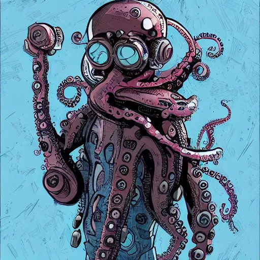 Prompt: a cyberpunk octopus, in the style of Ashley Wood and Moebius