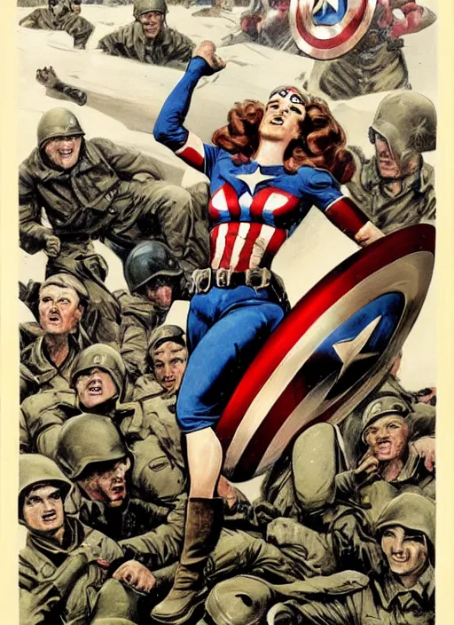 Image similar to female captain america standing on a pile of defeated german soldiers. female captain america wins wwii. american wwii propaganda poster by james gurney