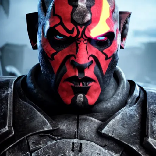 Image similar to Darth Maul in gears of war, splash art, movie still, detailed face, photorealistic facial features, cinematic lighting, dramatic, octane render, long lens, shallow depth of field, bokeh, anamorphic lens flare, 8k, hyper detailed, 35mm film grain