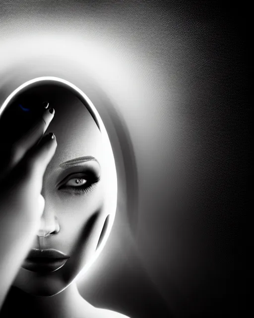 Prompt: black and white high quality photo of a beautiful female human-cyborg looking into a sci-fi mirror, volumetric lighting, liminal space, brutalism, foggy, dreamy, hyperdetailed, bokeh, photorealistic, cinematic, masterpiece, Metropolis, elegant, dark, octane render, 8K, in the style of H.R. Giger