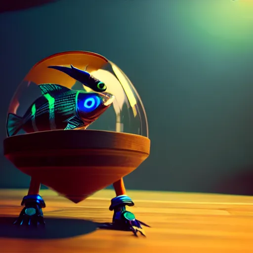 Image similar to a fish bowl with mecha legs, walking on a wooden table, photorealistic 3 d octane render, unreal engine