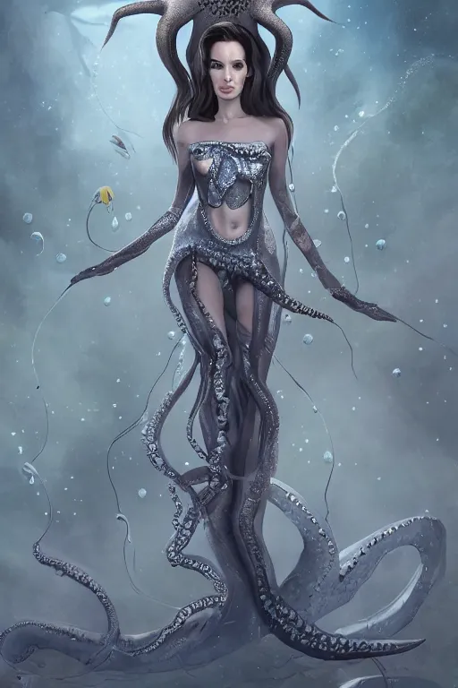 Image similar to young angelina jolie as an octopus witch dressed in intricate silver clothing surrounded by underwater particles above sharks and sea creatures, fantasy, wlop, trending on artstation, deviantart, anime key visual, official media, professional art, 8 k uhd