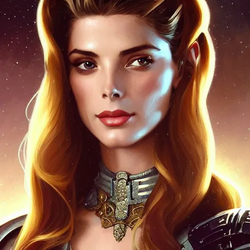 Image similar to A combination of Ashley Greene's and Grace Kelly's faces as a Space Marine, western, D&D, fantasy, intricate, elegant, highly detailed, digital painting, artstation, concept art, matte, sharp focus, illustration, art by Artgerm and Greg Rutkowski and Alphonse Mucha