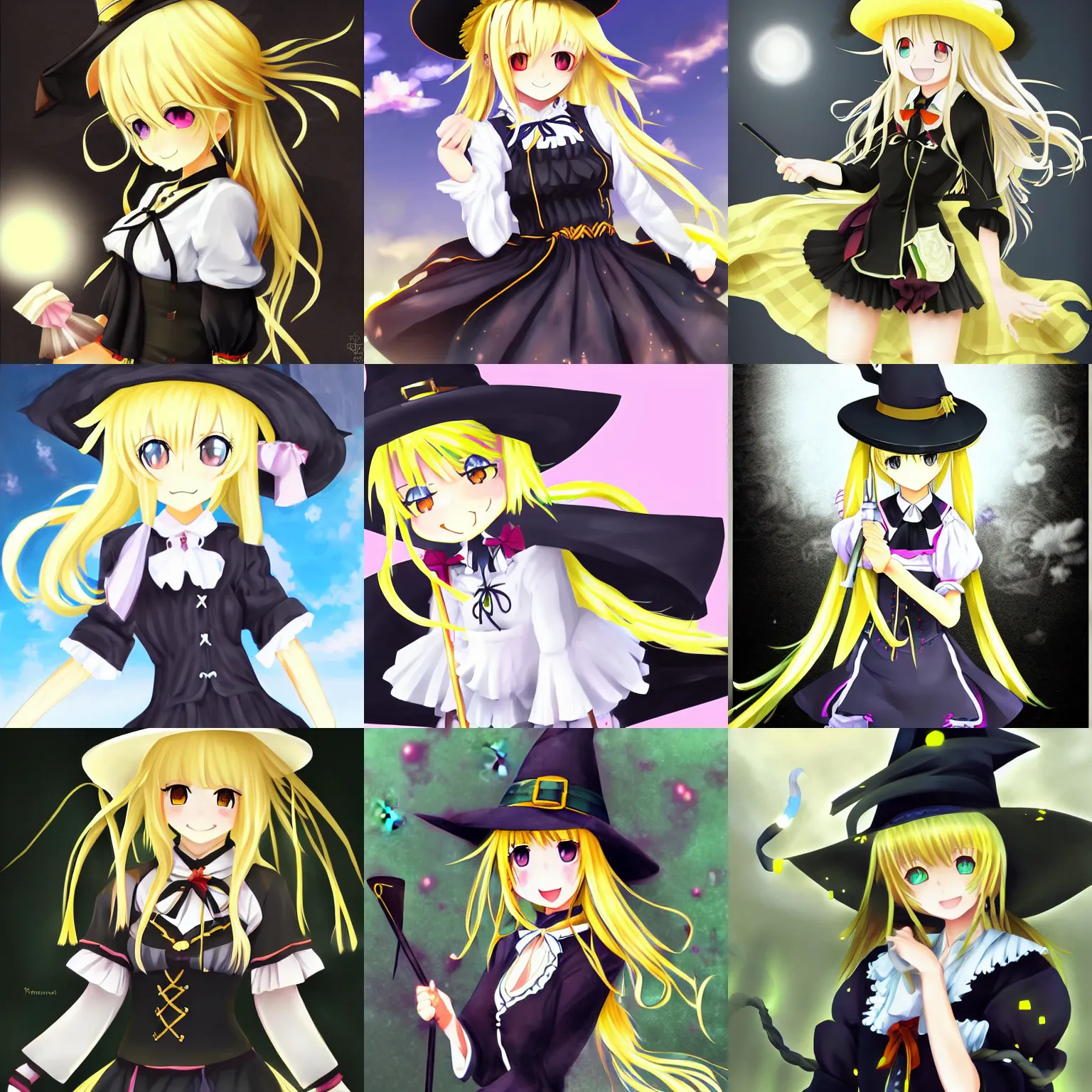Prompt: pixiv artwork portrait of cute witch marisa kirisame from touhou project, marisa kirisame touhou artwork black hat broom blonde hair finely detailed yellow eyes maid dress white apron