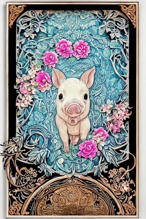 Image similar to Painted dark-wood panel relief carving of a Flowerpunk Piglet, White and pale blue toned, ornate border frame, explosion of colorful flowers, dark wood, intricately carved, black ink, festival of rich colors, intricate details, cinematic lighting, volumetric lighting, post-processing, art nouveau, tarot, fractal art, mandala, by andreas rocha and john howe, and Martin Johnson Heade, featured on artstation, featured on behance, golden ratio, hyper detailed, photorealistic, epic composition, center spotlight, f32, well composed, symmetrical, UE5, 8k