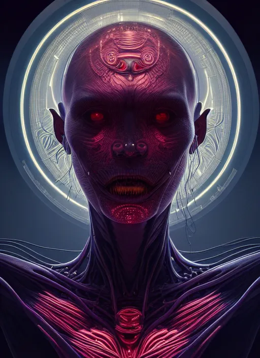 Image similar to symmetry!! portrait of grotesque alien, sci - fi horror, glowing lights!!, intricate, elegant, dark design, highly detailed, dark lighting, digital art, digital painting, artstation, smooth, sharp focus, illustration, art by artgerm and h r giger and greg rutkowski and alphonse mucha, 8 k