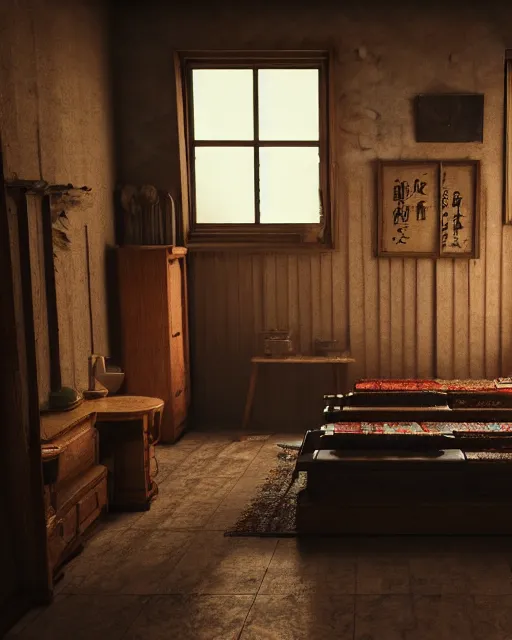 Image similar to artstation scifi scene of a shabby chinese rural room, earth kang, wooden bookcasesmall lotus shrine beds, paneled walls, unreal engine 5, hyper realism, realistic shading, cinematic composition, blender render, octane render, hdr, detailed textures, photorealistic, wide shot