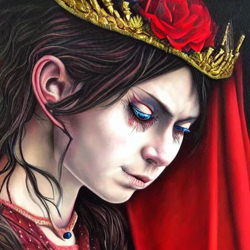 Image similar to a hyperrealistic painting of a beautiful gothic princess crying tears of blood, by Mark Lovett, vivid color, highly detailed,