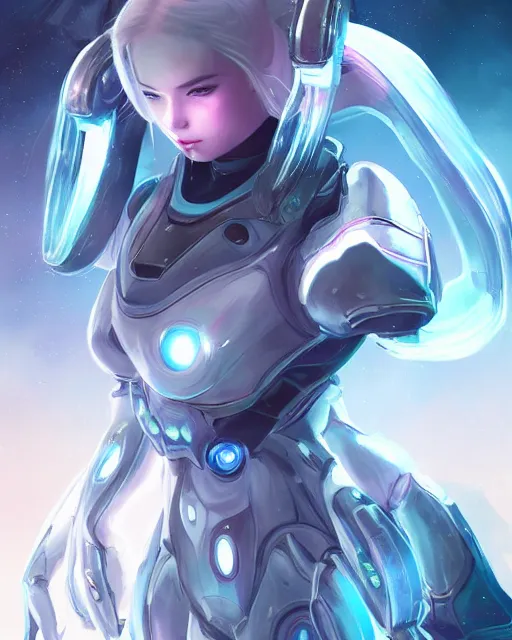 Image similar to perfect android girl on a mothership, warframe armor, beautiful face, scifi, futuristic, galaxy, nebula, raytracing, dreamy, long white hair, blue cyborg eyes, sharp focus, cinematic lighting, highly detailed, artstation, divine, by gauthier leblanc, kazuya takahashi, huifeng huang